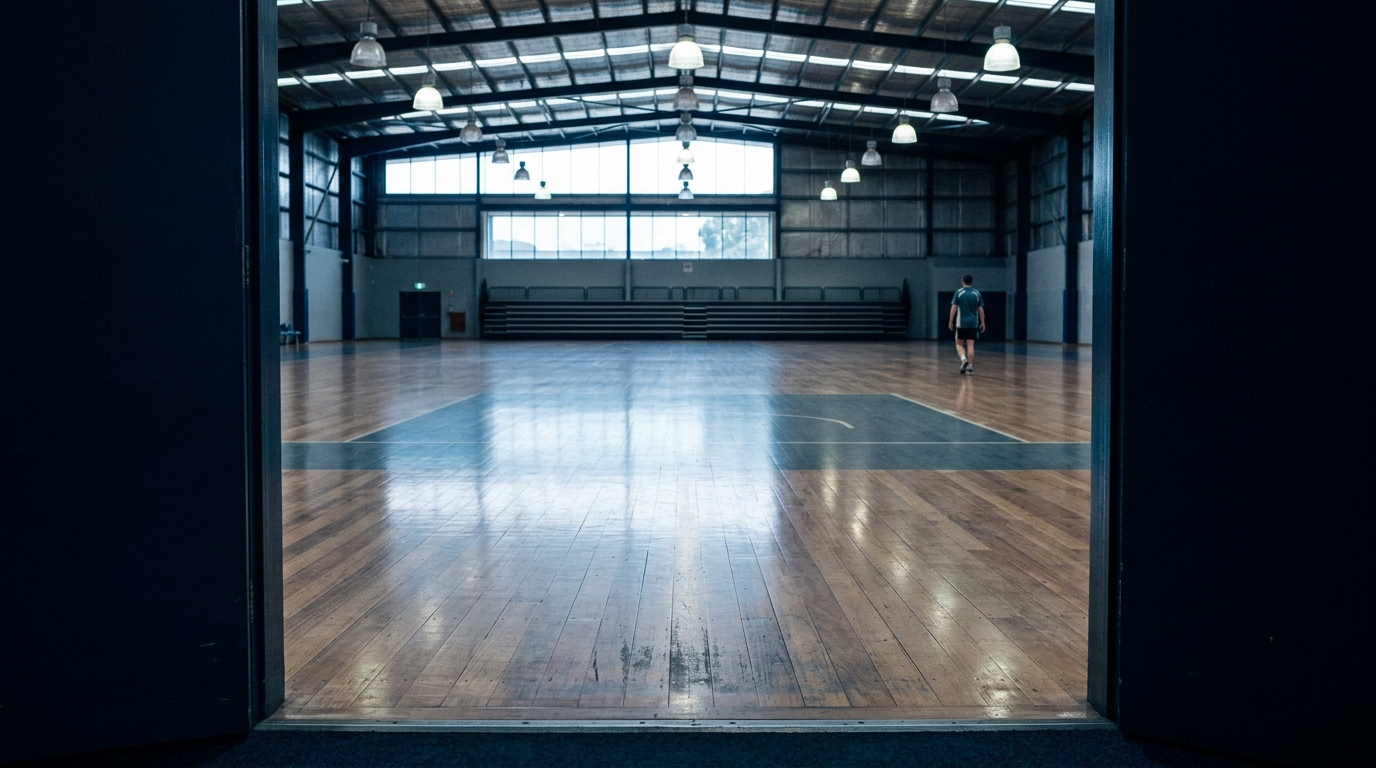 Before: grey, rubber-marked gym floor