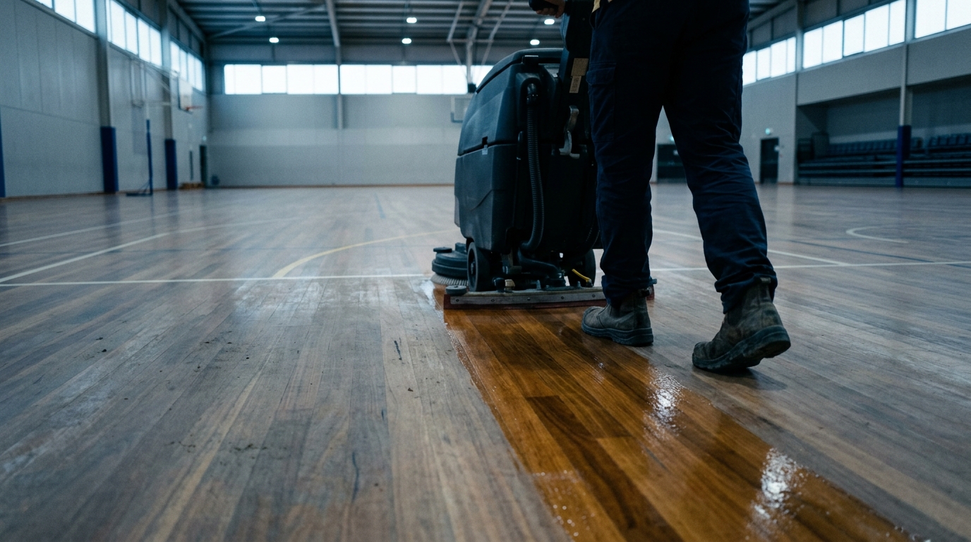 Rotary floor machine mid-clean on a timber court