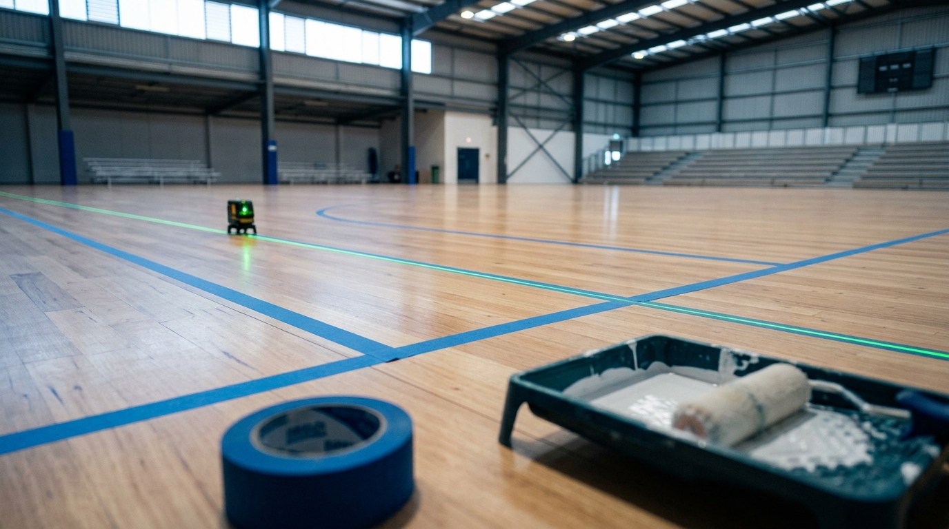 Fresh court lines being masked and set out on timber