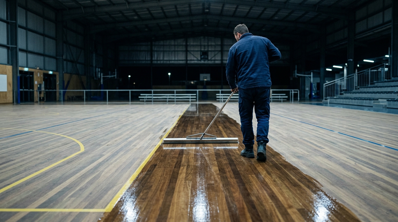 Coating machine laying finish across a timber court