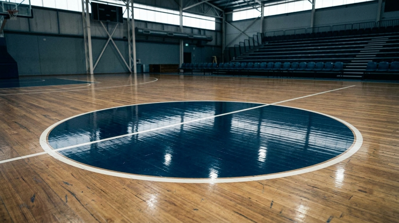 After: recoated stadium court under lights