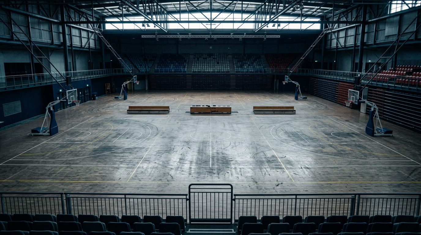 Before: stadium court with rubber marking and wear lanes