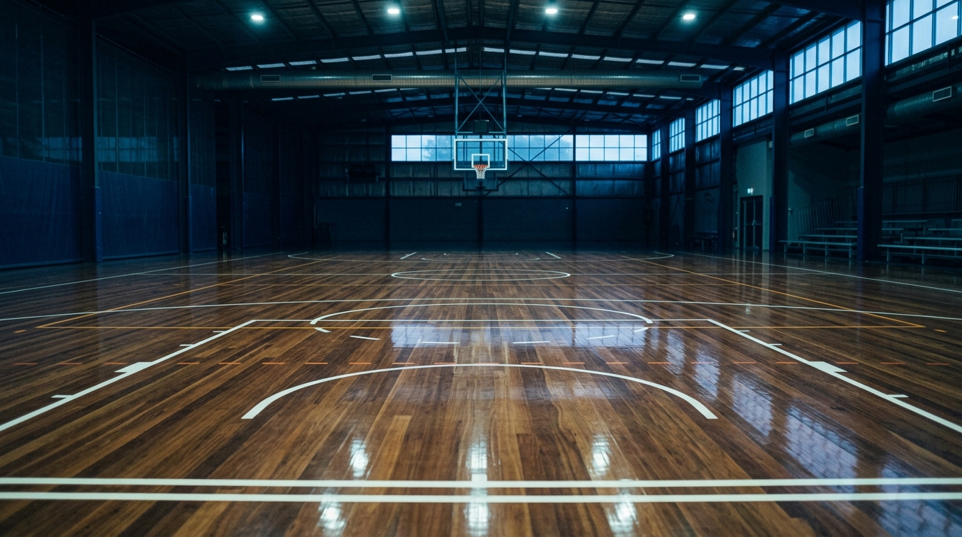 Glossy freshly-coated timber basketball court