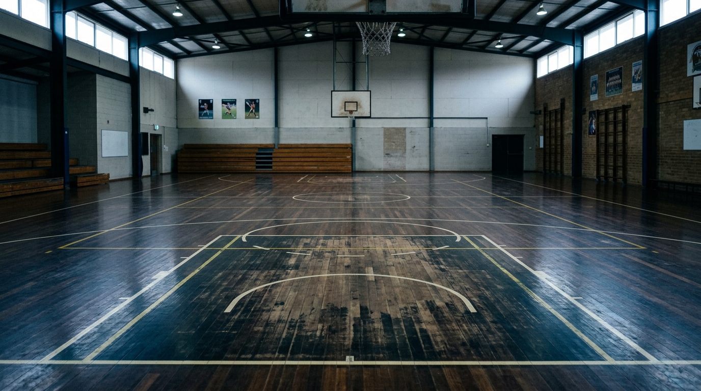 Before: worn, dull school hall court