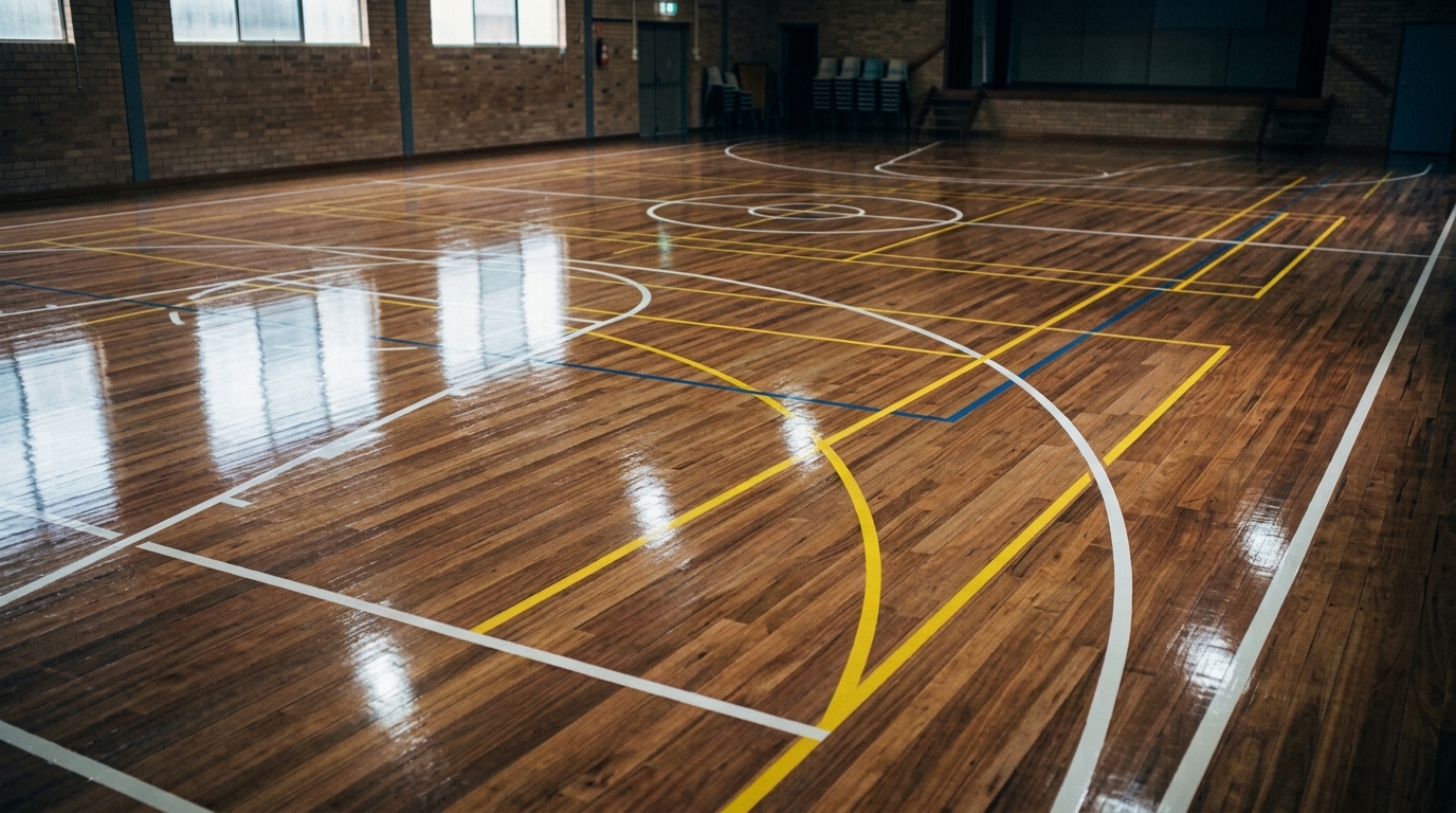 Timber basketball court finish, close up